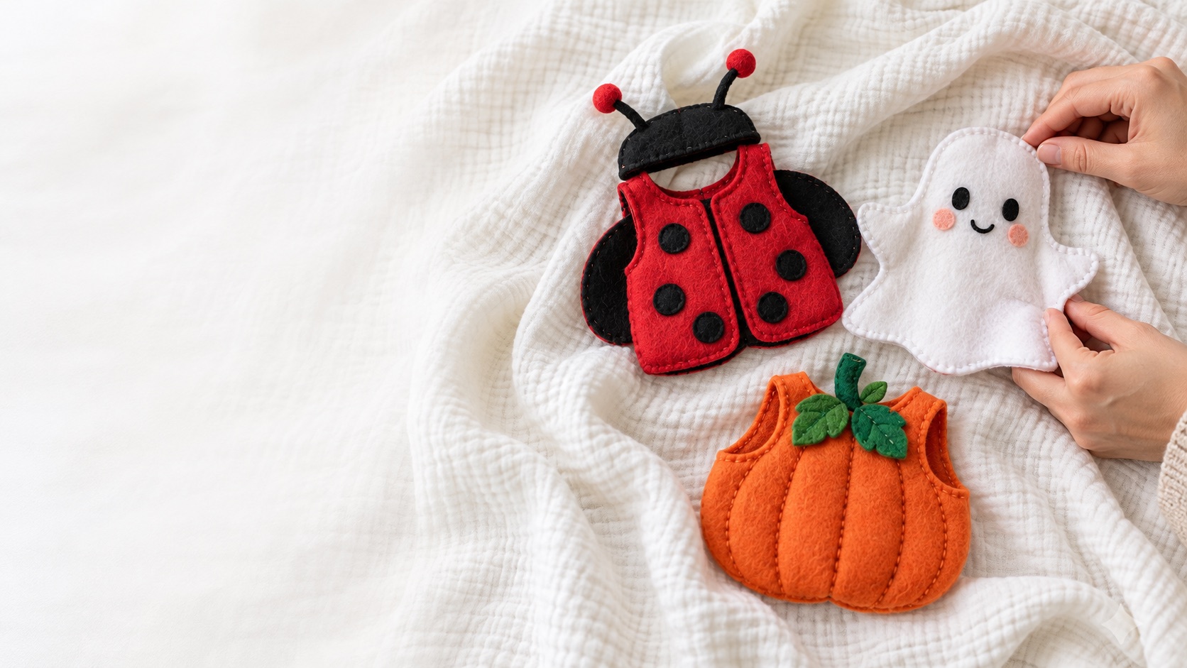 Conceptual illustration of tiny felt Halloween costumes on a soft white blanket