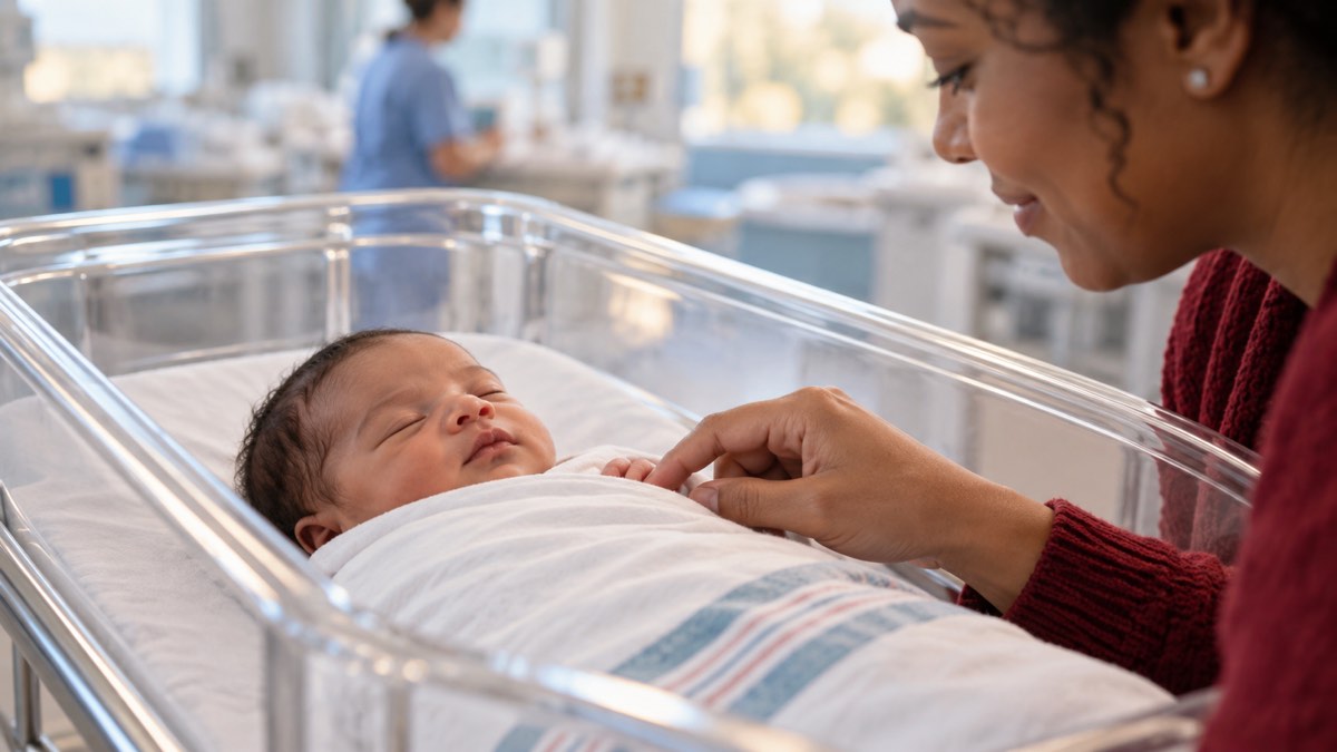 Illustrative scene of a parent connecting with a newborn in neonatal care.