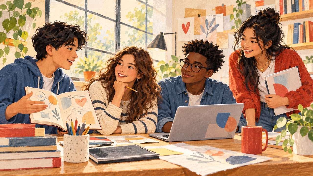 Editorial illustration of four students sharing a notebook, research materials, and a laptop while developing ideas together.
