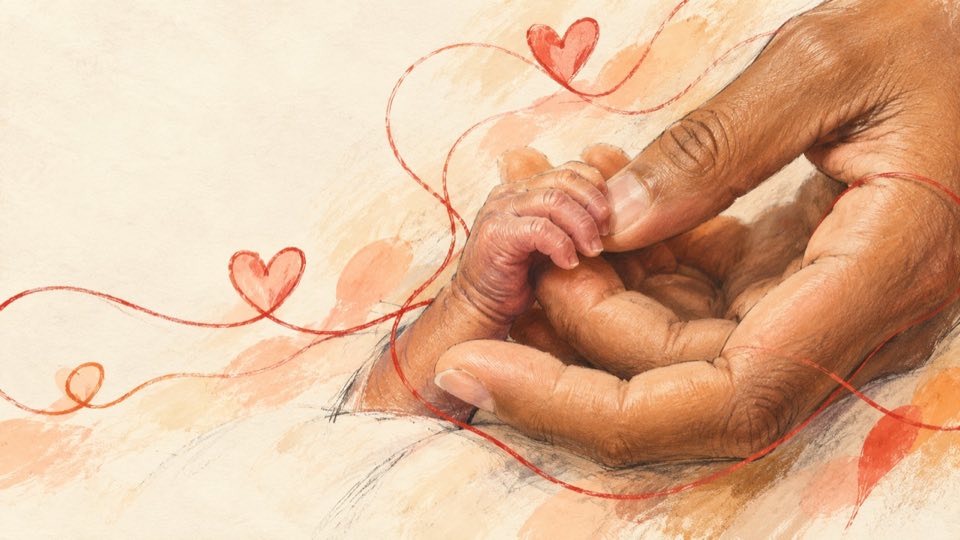 Illustration of a tiny infant hand holding an adult finger, protected by a cupped hand, with threads connecting small hearts.